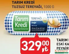 TARIM KREDİ TUZSUZ TEREYAĞI 1000 G fiyat ve kampanya bilgisi